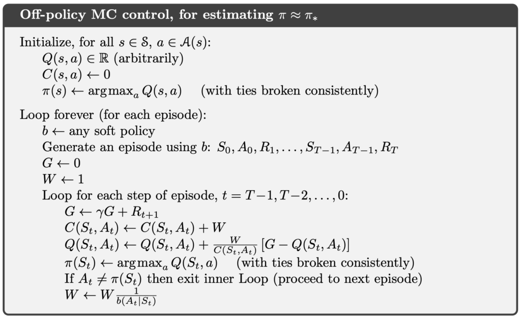 Off-Policy Monte Carlo Control (source: Reinforcement Learning: An Introduction, 2nd).