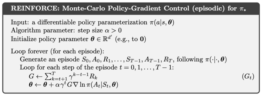 REINFORCE: Monte-Carlo Policy-Gradient Control (episodic) (source: Reinforcement Learning: An Introduction, 2nd).