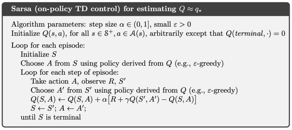 Sarsa, On-Policy TD Control (source: Reinforcement Learning: An Introduction, 2nd).